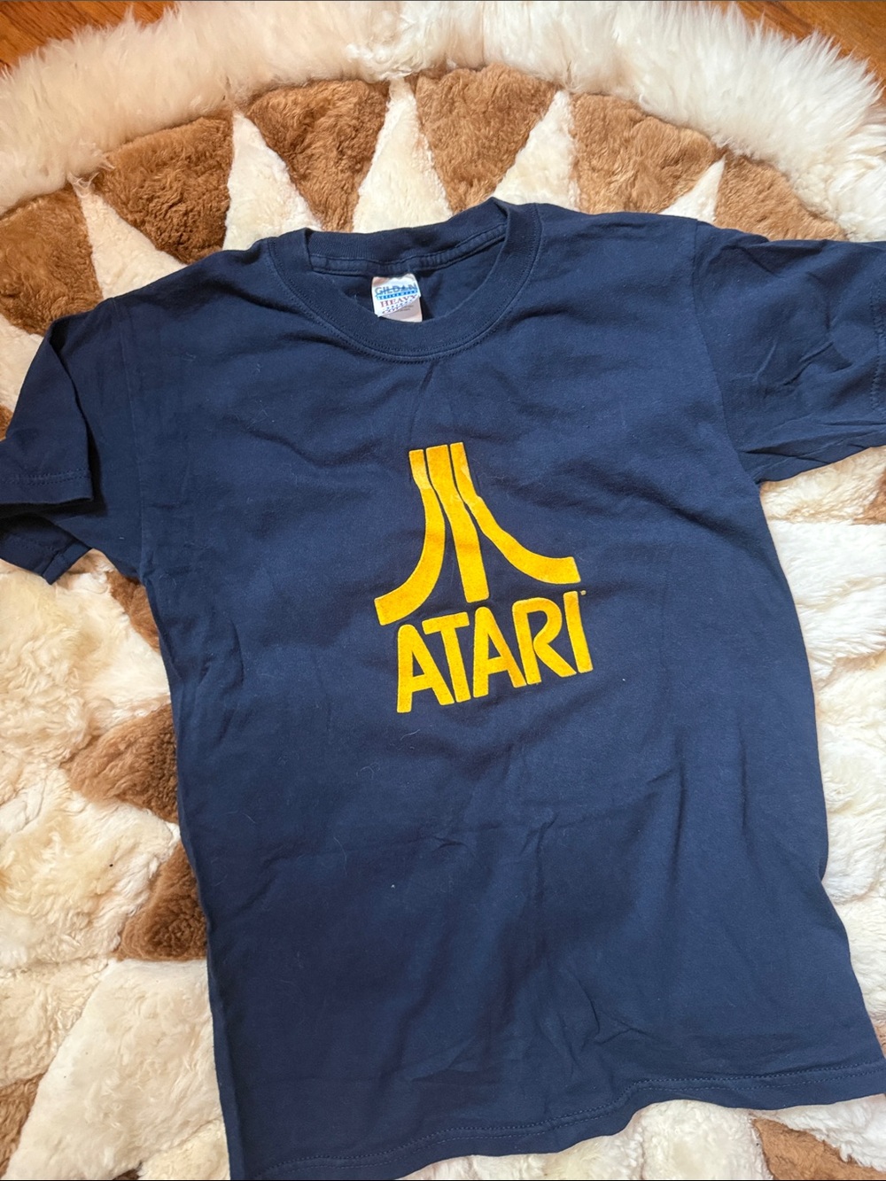 Vintage Atari Navy Blue Graphic Logo T-Shirt velvet logo